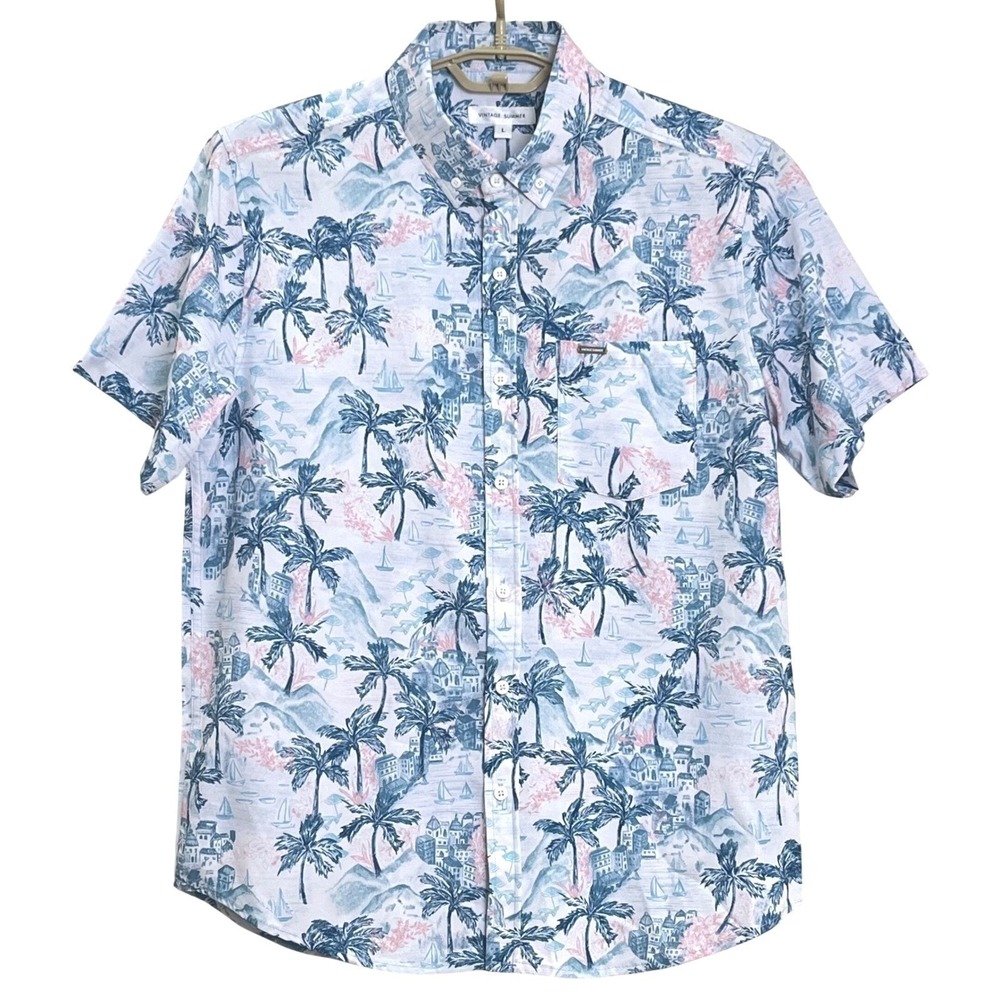 Vintage Summer Men Shirt L Blue White Pink Coastal Resort Print SS Tropical Palm